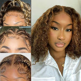 P4/27 Brown Blonde Highlight Bob Wigs Deep Curly Wave Short Transparent Lace Wigs 100% Human Hair