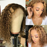 P4/27 Brown Blonde Highlight Bob Wigs Deep Curly Wave Short Transparent Lace Wigs 100% Human Hair