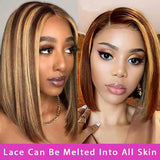 Blonde Brown Highlight Straight Bob Wigs 100% Human Hair For Women