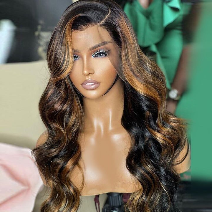 Honey Blonde Highlight Body Wave Transparent Lace Front Human Hair Wigs