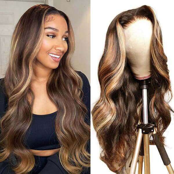 Honey Blonde Highlight Body Wave Transparent Lace Front Human Hair Wigs