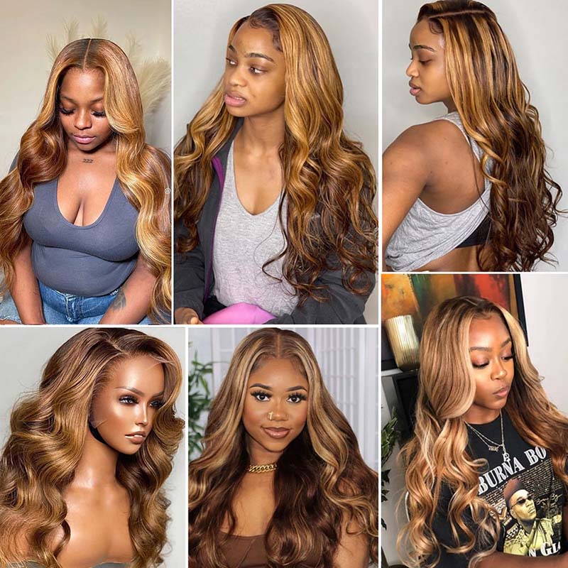 Ombre Highlight Wig Body Wave Brown Blonde Human Hair Wigs P4/27 Color