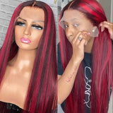 Black Hair With Red Highlights 99J Burgundy Lace Frontal Human Hair Wigs