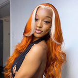Orange Wigs With Blonde Streak at Front Body Wave Highlight Human Hair Wigs