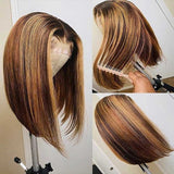 Highlight Brown Blonde Bob Wig Transparent Lace Front Human Hair Wigs Straight Hair