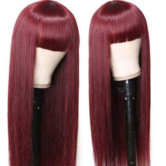 99J Burgundy Human Hair Wig With Bangs Silky Straight Human Hair Wigs