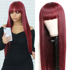 99J Burgundy Human Hair Wig With Bangs Silky Straight Human Hair Wigs