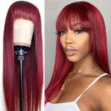 99J Burgundy Human Hair Wig With Bangs Silky Straight Human Hair Wigs