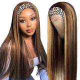 Straight Brown Blonde Highlight Wig Glueless Headband Human Hair Wigs