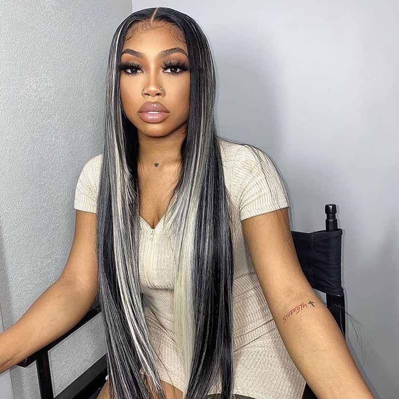 Platinum Highlights Straight Mixed Color Transparent HD Lace Front Human Hair Wigs