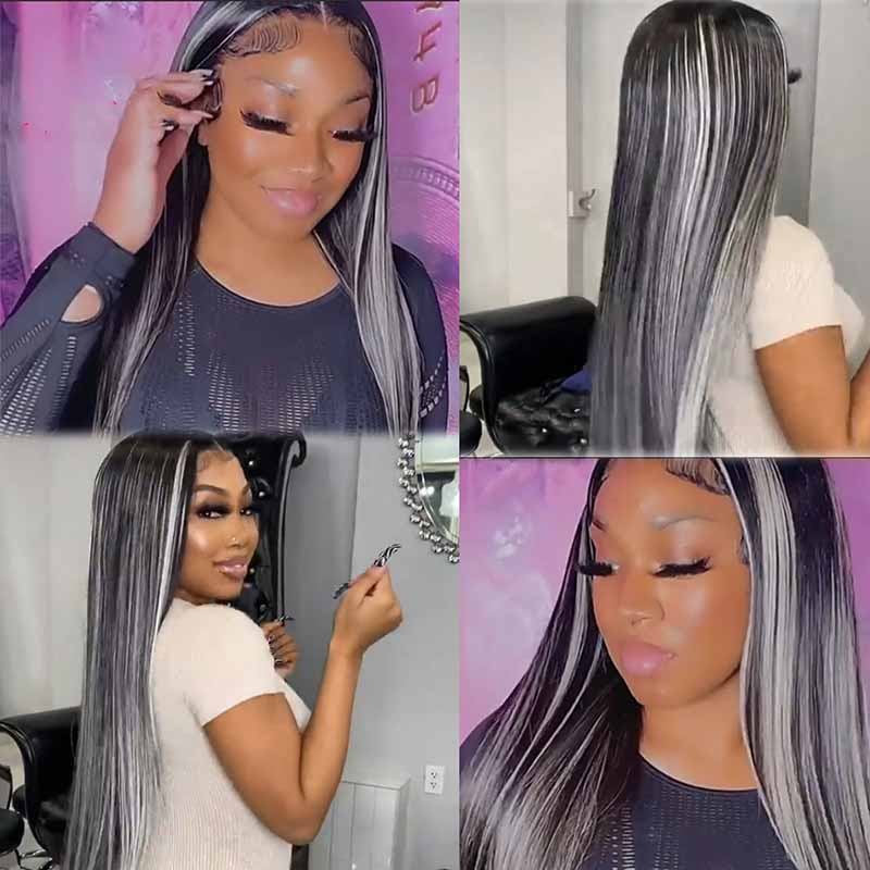 Platinum Highlights Straight Mixed Color Transparent HD Lace Front Human Hair Wigs