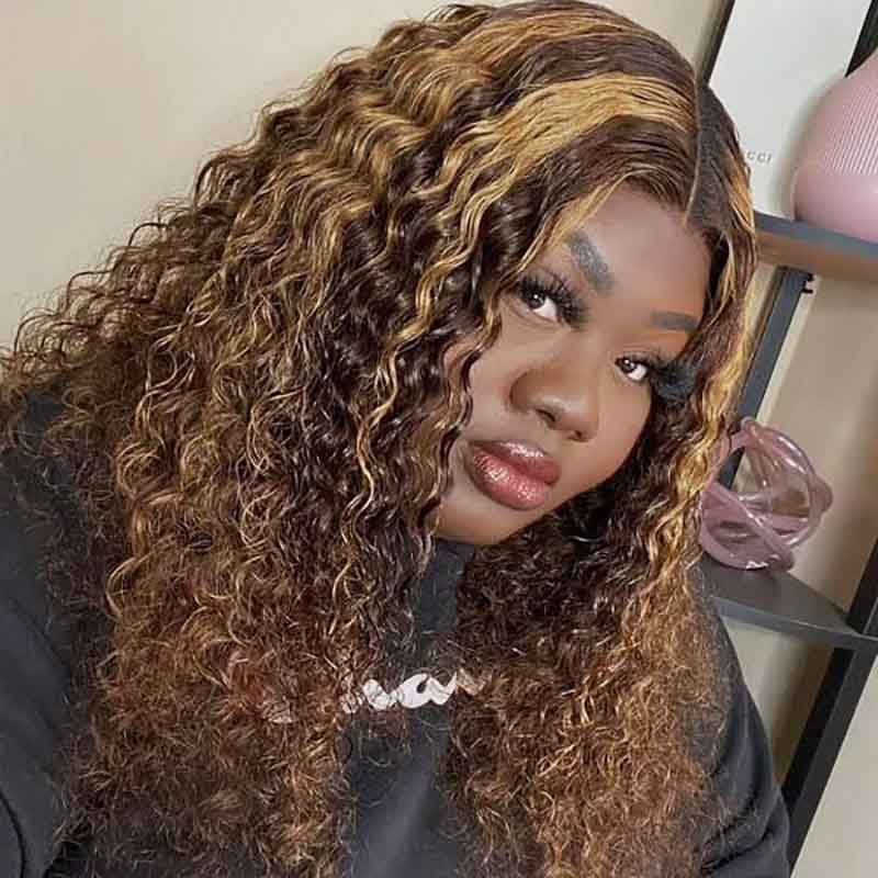 Chocolate Brown Highlight Deep Curly Wig Brazilian Virgin Human Hair Wigs