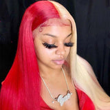 Half Blonde Half Red Hair Bone Straight Colored Wigs Lace Front Human Hair Wigs 180% Density