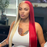 Half Blonde Half Red Hair Bone Straight Colored Wigs Lace Front Human Hair Wigs 180% Density