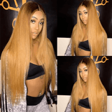 T1B/30 Ombre Brown Wig With Black Roots  Lace Front Straight Human Hair Wigs