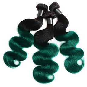 Ombre Green Human Hair Weave Bundles with Closure Dark Roots