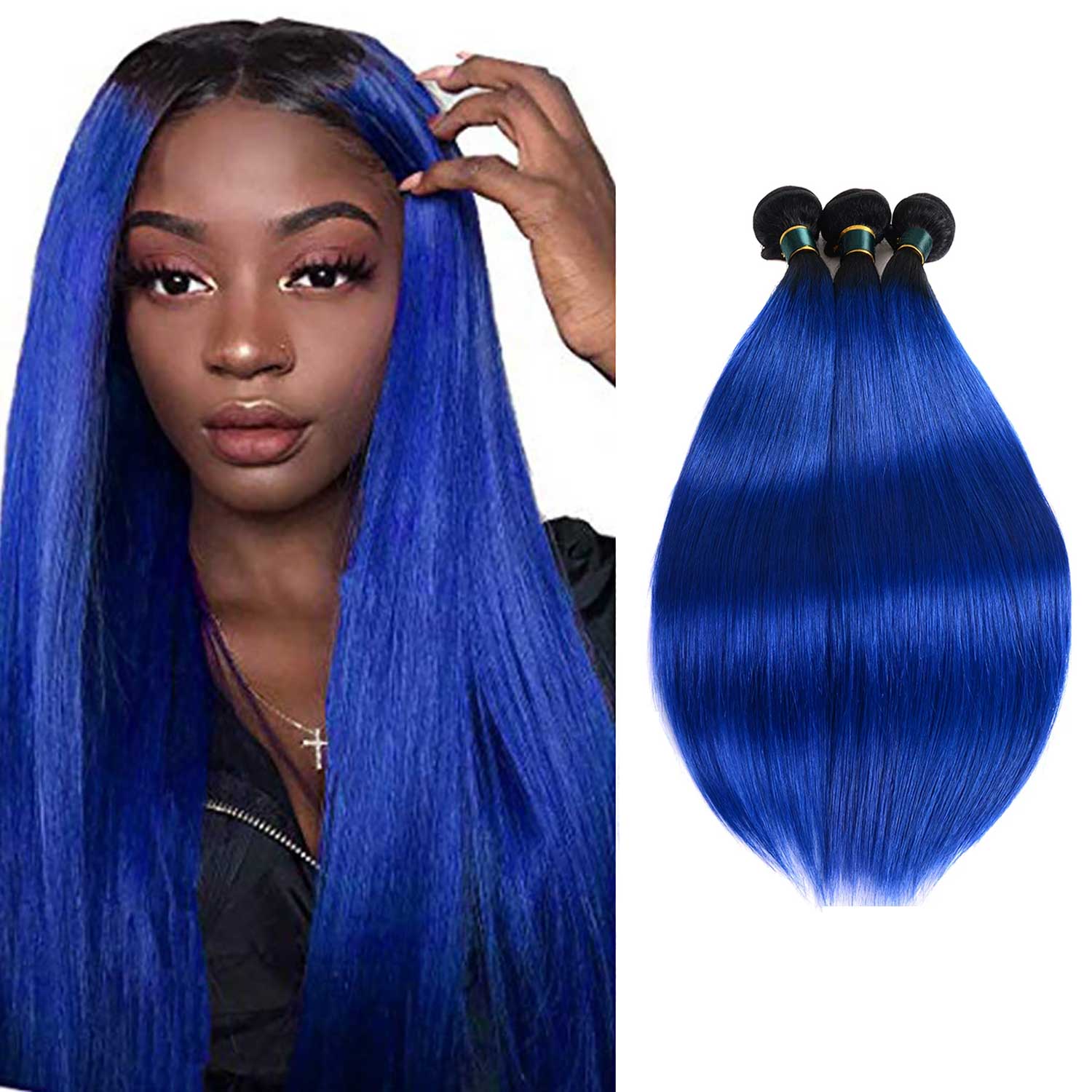 Ombre Blue Human Hair Weave 3 Bundles Deals with Dark Roots