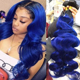 Ombre Blue Human Hair Weave 3 Bundles Deals with Dark Roots