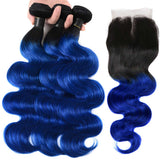 Ombre Blue Human Hair Weave Bundles with Closure Dark Roots