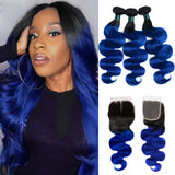 Ombre Blue Human Hair Weave Bundles with Closure Dark Roots