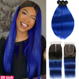 Ombre Blue Human Hair Weave Bundles with Closure Dark Roots