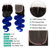 Ombre Blue Human Hair Weave Bundles with Closure Dark Roots