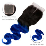 Ombre Blue Human Hair Weave Bundles with Closure Dark Roots