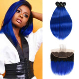 Ombre Blue Human Hair Weave Bundles with Frontal Dark Roots