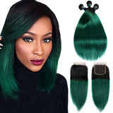 Ombre Green Human Hair Weave Bundles with Closure Dark Roots