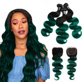 Ombre Green Human Hair Weave Bundles with Closure Dark Roots