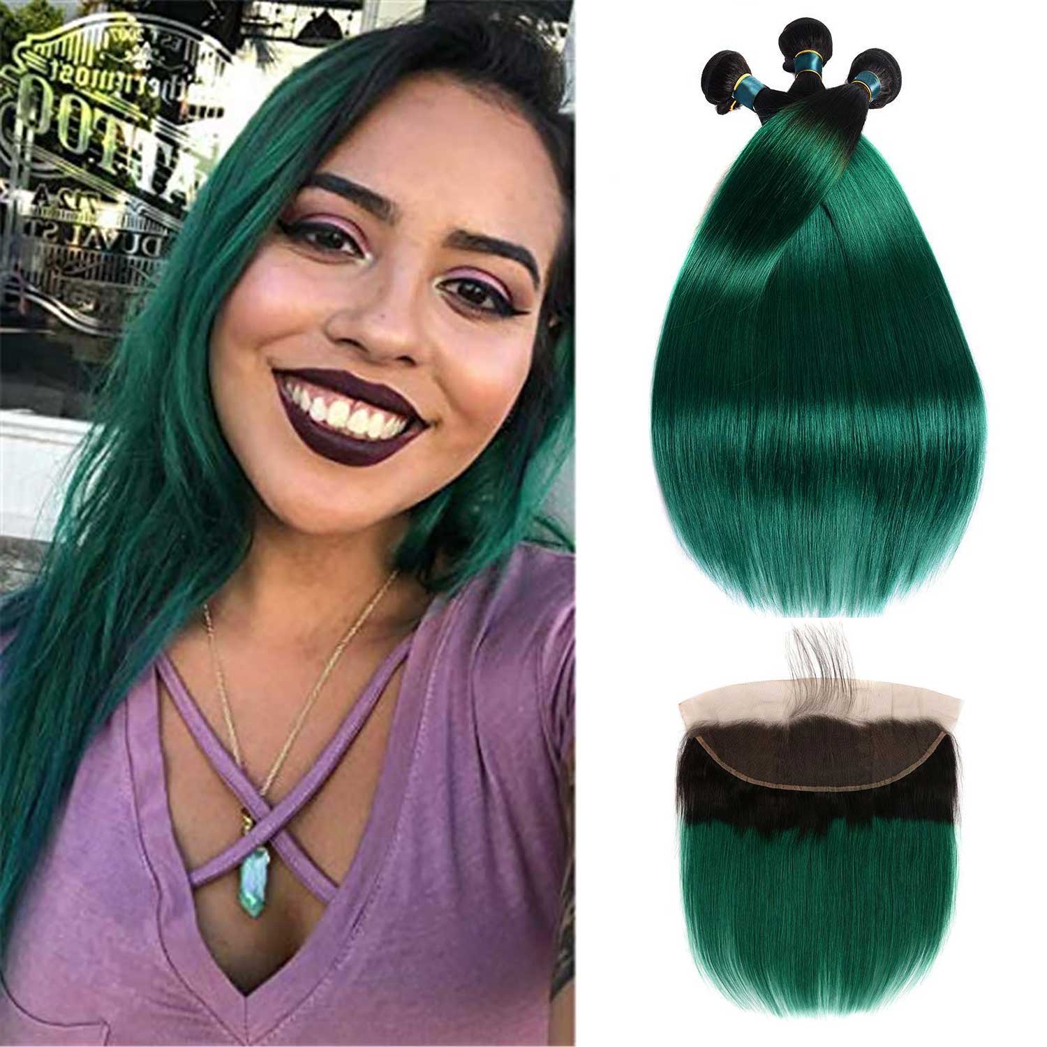Ombre Green Human Hair Weave Bundles with Frontal Dark Roots