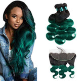 Ombre Green Human Hair Weave Bundles with Frontal Dark Roots