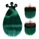 Ombre Green Human Hair Weave Bundles with Frontal Dark Roots