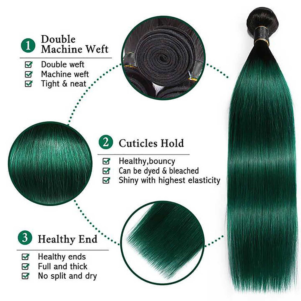 Ombre Green Human Hair Weave Bundles with Frontal Dark Roots