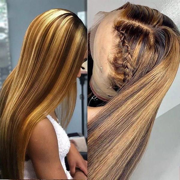 P4/27 Brown Blonde Highlight Brazilian Straight Hair HD Transparent Lace Frontal Human Hair Wigs