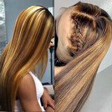 P4/27 Brown Blonde Highlight Brazilian Straight Hair HD Transparent Lace Frontal Human Hair Wigs