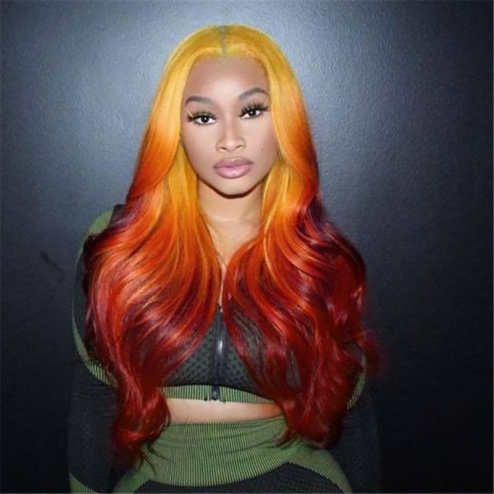 Red and Orange Human Hair Wig Ombre Lace Front Wigs