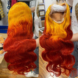 Red and Orange Human Hair Wig Ombre Lace Front Wigs