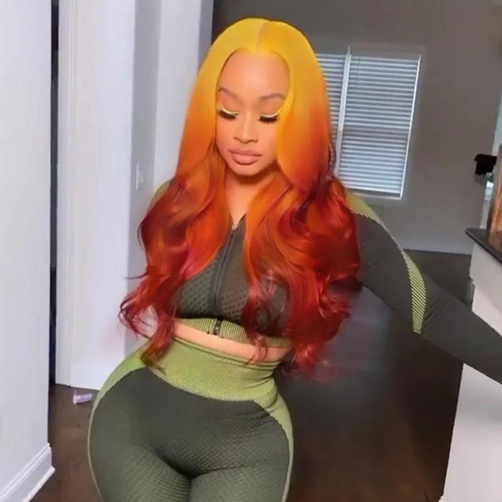 Red and Orange Human Hair Wig Ombre Lace Front Wigs