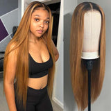 T1B/30 Ombre Brown Wig With Black Roots  Lace Front Straight Human Hair Wigs