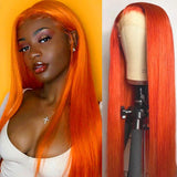 Bright Orange Human Hair Wig Long Colored Lace Front Wig