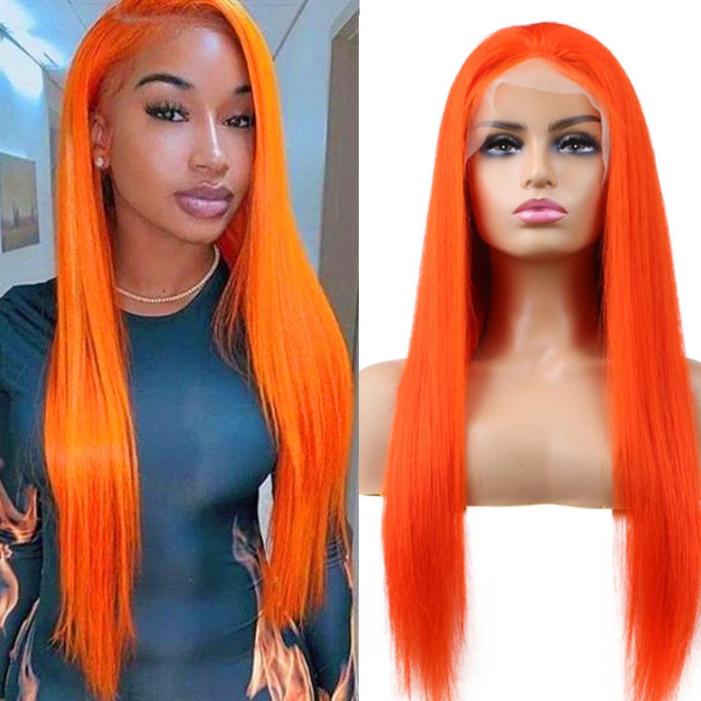 Bright Orange Human Hair Wig Long Colored Lace Front Wig