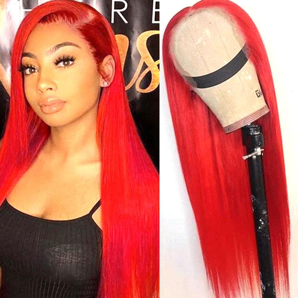 Bright Red Human Hair Wig Long Colored Lace Front Wig