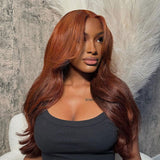 Layered Reddish Brown Wig With Curtain Bangs Lace Front Wigs 100% Human Hair