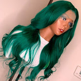 Emerald Green Wavy Wig Human Hair Long Colored Lace Front Wigs