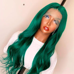 Emerald Green Wavy Wig Human Hair Long Colored Lace Front Wigs