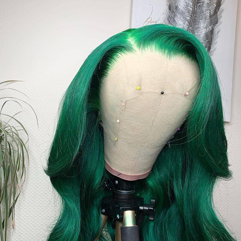 Emerald Green Wavy Wig Human Hair Long Colored Lace Front Wigs