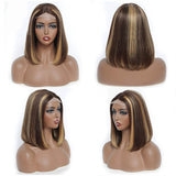 Blonde Brown Highlight Straight Bob Wigs 100% Human Hair For Women