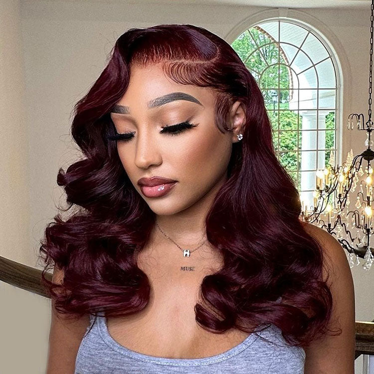 Dark Red Hair Burgundy Colored Wig Body Wave Lace Frontal Human Hair Wigs
