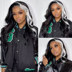 Black Highlights Wig with Gray Streak at Front 13x4 HD Lace Front Human Hair Wigs